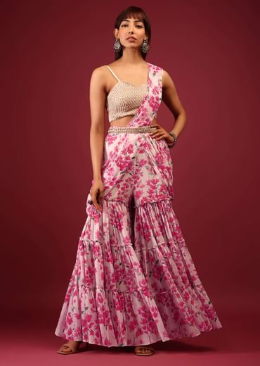 Daisy White Floral Print Sharara Saree With Attached Pallu And Embroidered Blouse