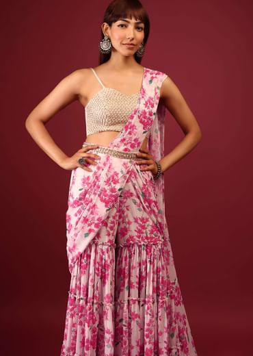 Daisy White Floral Print Sharara Saree With Attached Pallu And Embroidered Blouse