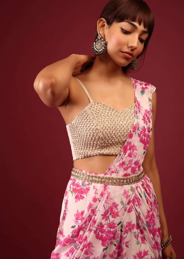 Daisy White Floral Print Sharara Saree With Attached Pallu And Embroidered Blouse