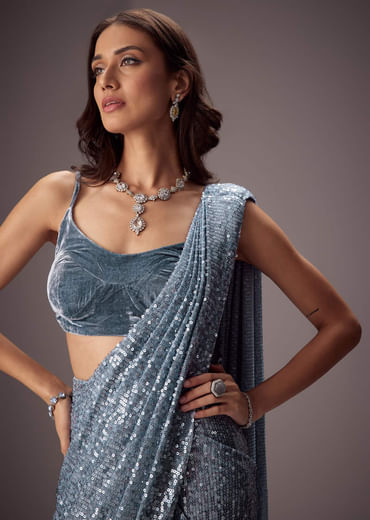 Steel Blue Sequin Saree Paired With A Plush Velvet blouse