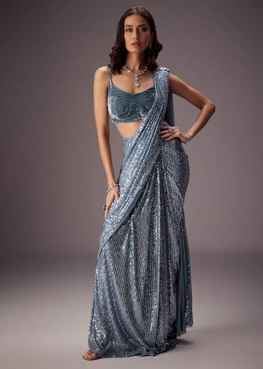Steel Blue Sequin Saree Paired With A Plush Velvet blouse