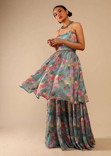 Steel Blue Sharara Suit In Crepe With Peplum Flared Kurti Adorned In Floral Print All Over