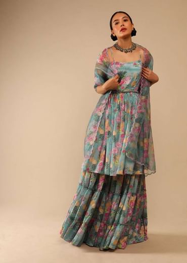 Steel Blue Sharara Suit In Crepe With Peplum Flared Kurti Adorned In Floral Print All Over