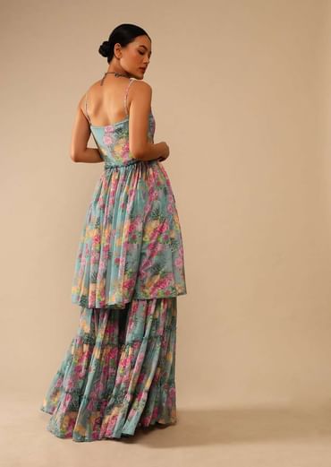 Steel Blue Sharara Suit In Crepe With Peplum Flared Kurti Adorned In Floral Print All Over