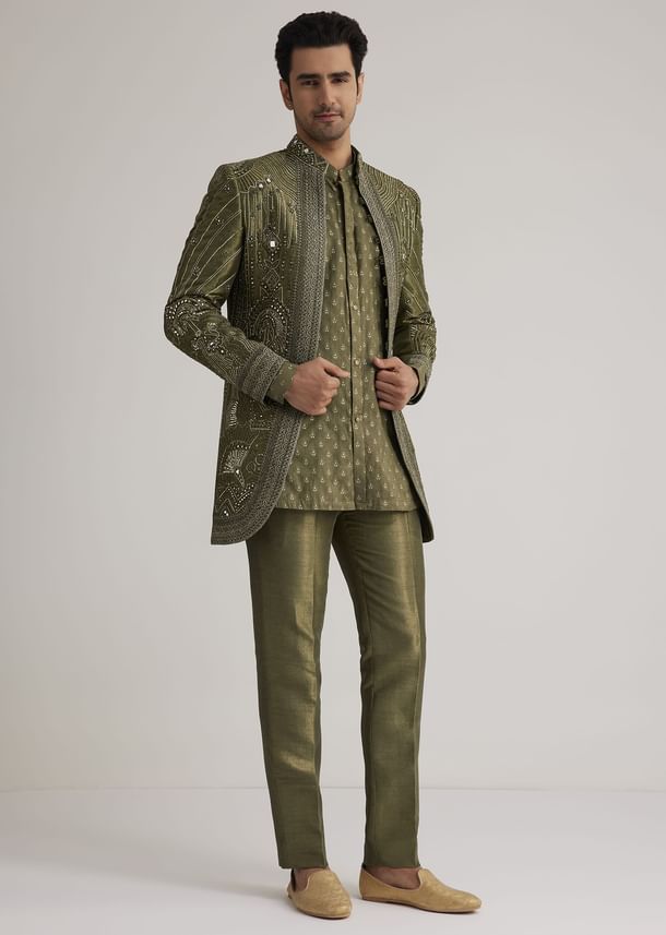 Olive Green Silk Indowestern Suit With Mirror Work
