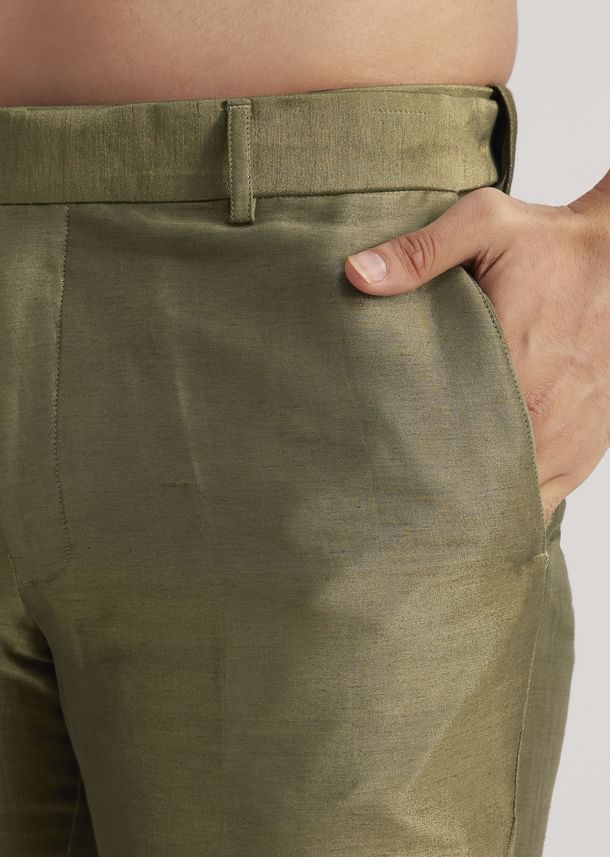 Olive Green Silk Indowestern Suit With Mirror Work