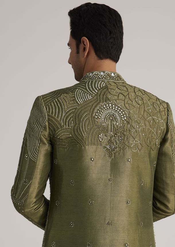 Olive Green Silk Indowestern Suit With Mirror Work