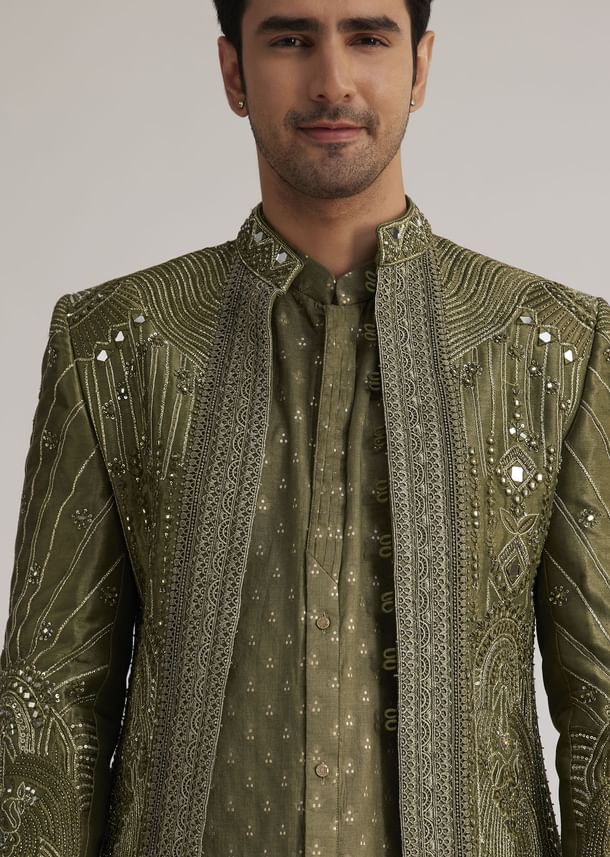 Olive Green Silk Indowestern Suit With Mirror Work