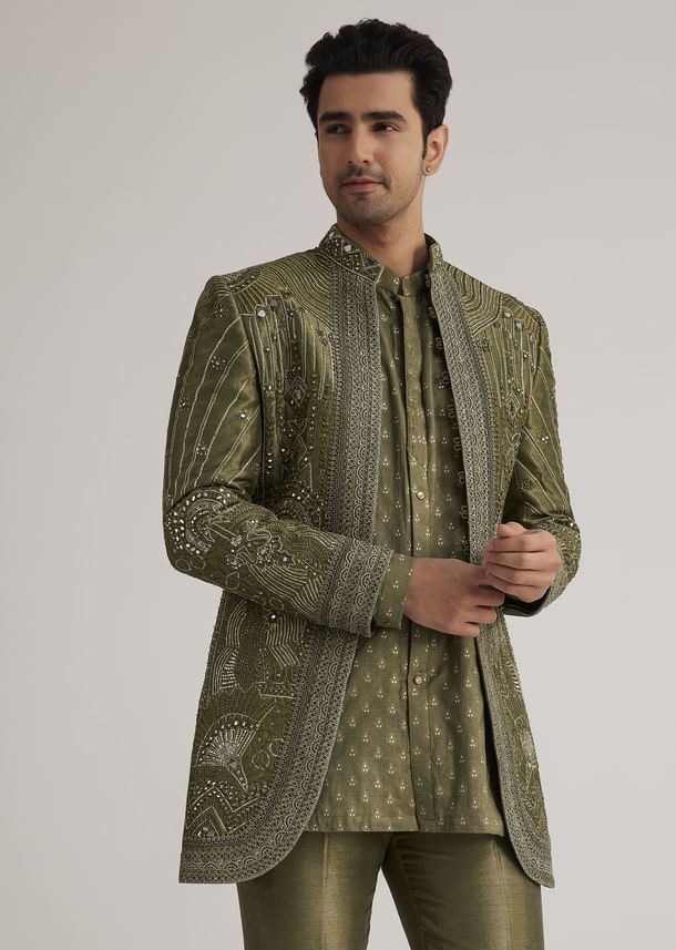 Olive Green Silk Indowestern Suit With Mirror Work