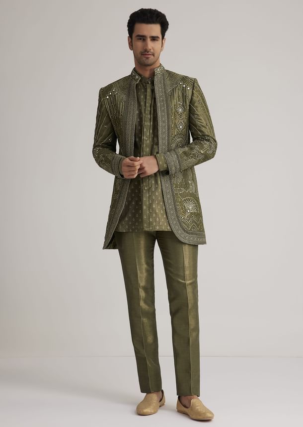 Olive Green Silk Indowestern Suit With Mirror Work