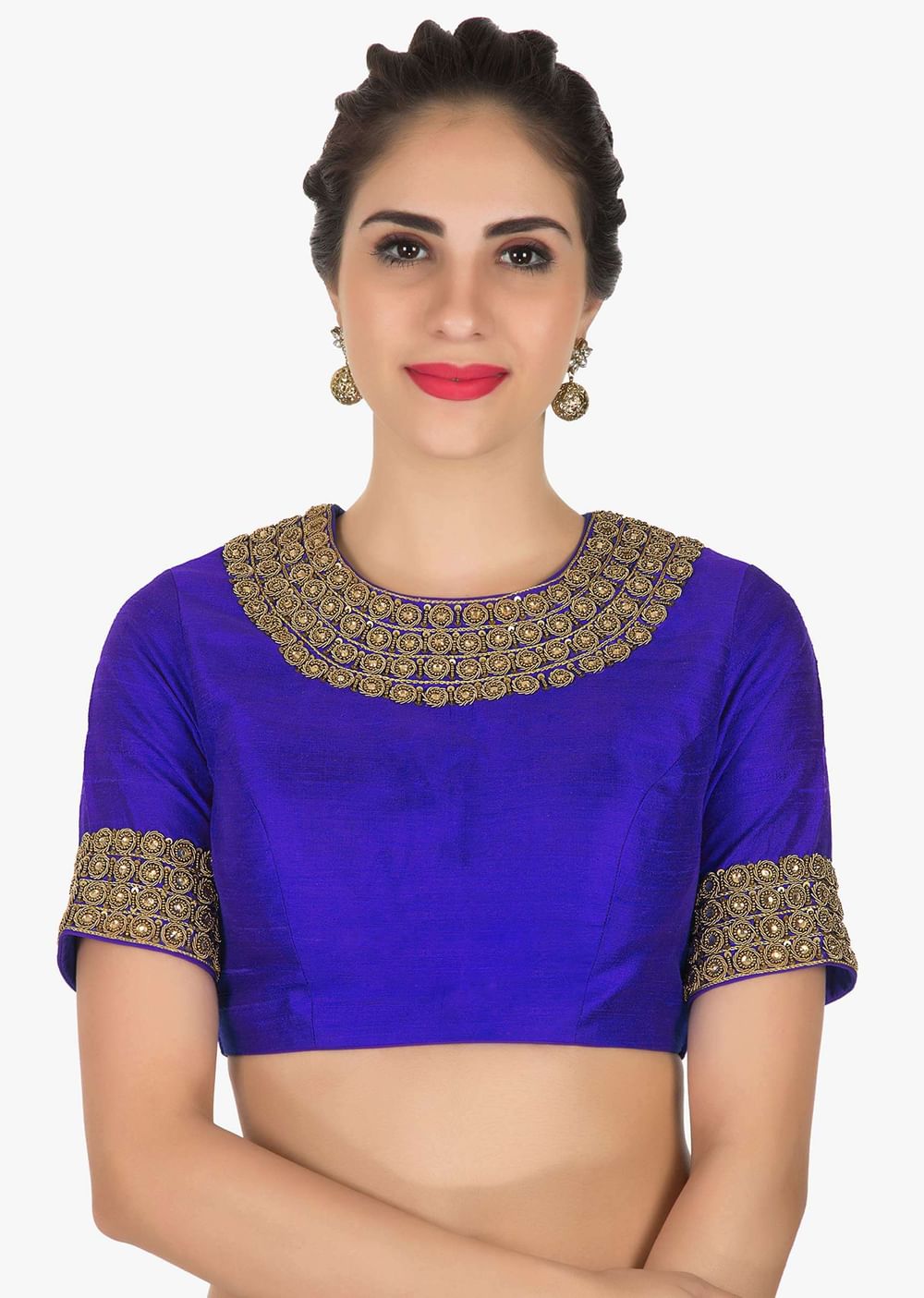 Stitched Royal Blue blouse in raw silk adorn in zari zardosi work only on Kalki