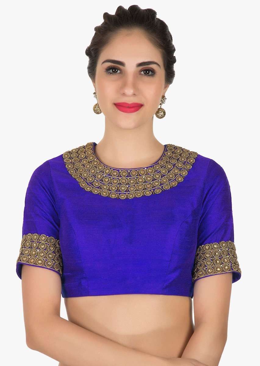 Stitched Royal Blue blouse in raw silk adorn in zari zardosi work only on Kalki