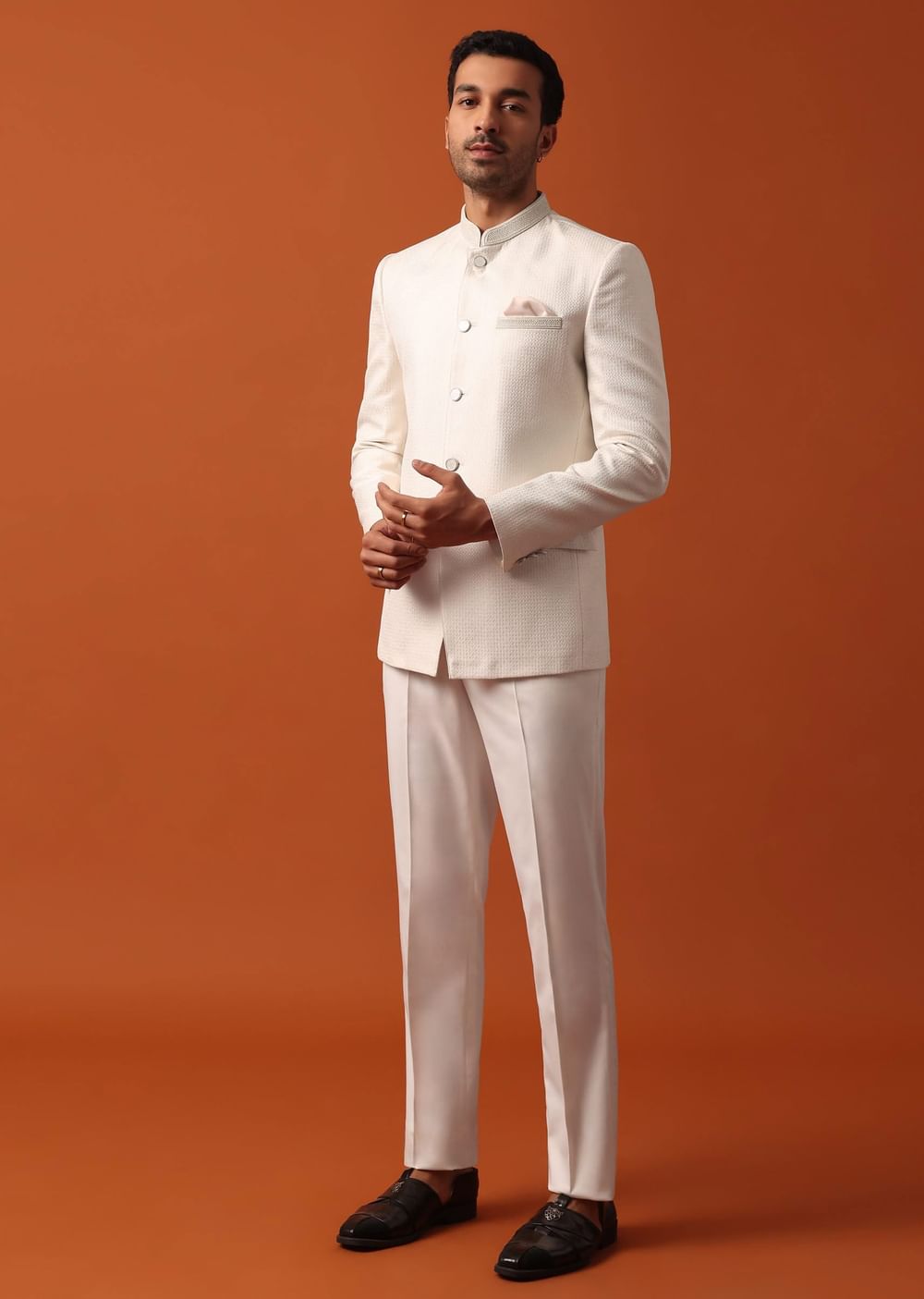 Stunning Pristine White Bandhgala Jodhpuri Suit