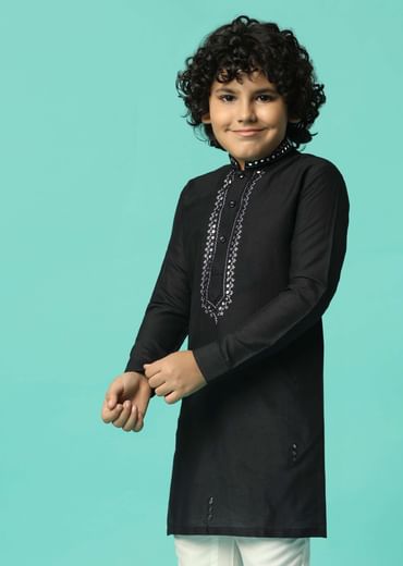 Stylish Black Festive Embroidered Kurta Set For Boys