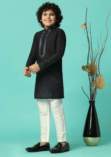Stylish Black Festive Embroidered Kurta Set For Boys