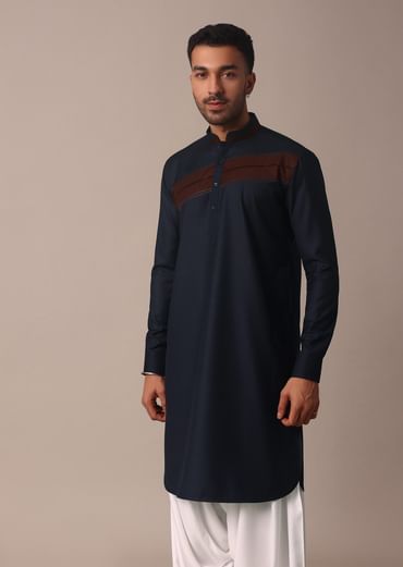 Stylish Blue Pathani Kurta Set With Pintuck Detailing