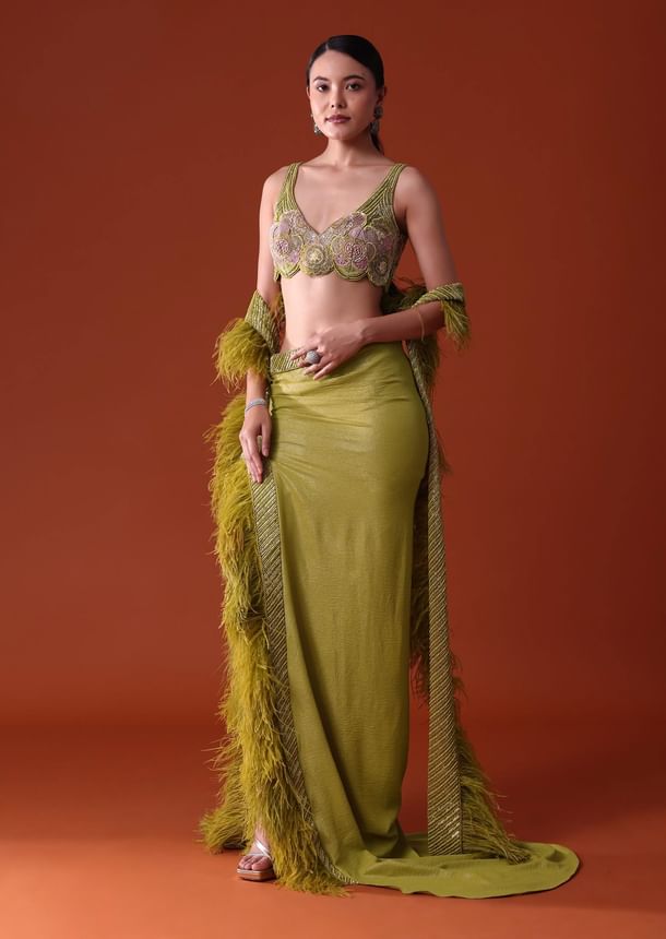 Citrus Green Feathered Dhoti Skirt And Blouse Set