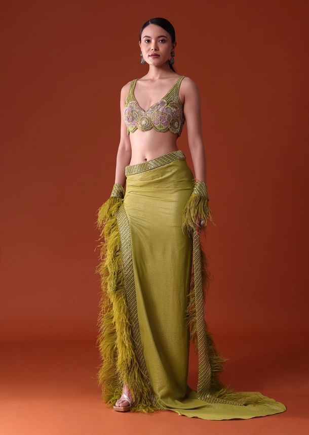 Citrus Green Feathered Dhoti Skirt And Blouse Set