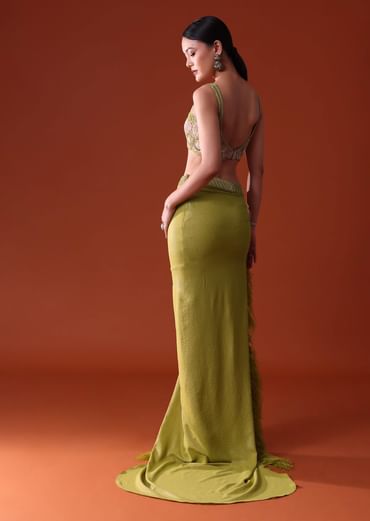Citrus Green Feathered Dhoti Skirt And Blouse Set