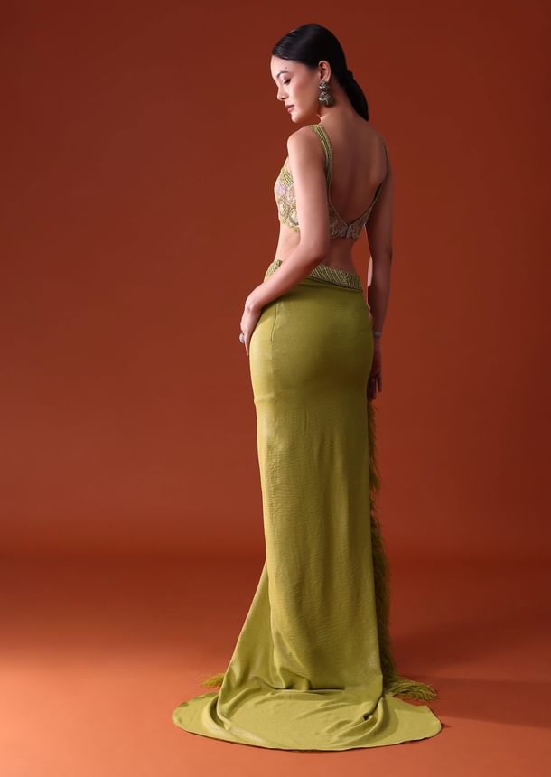 Citrus Green Feathered Dhoti Skirt And Blouse Set