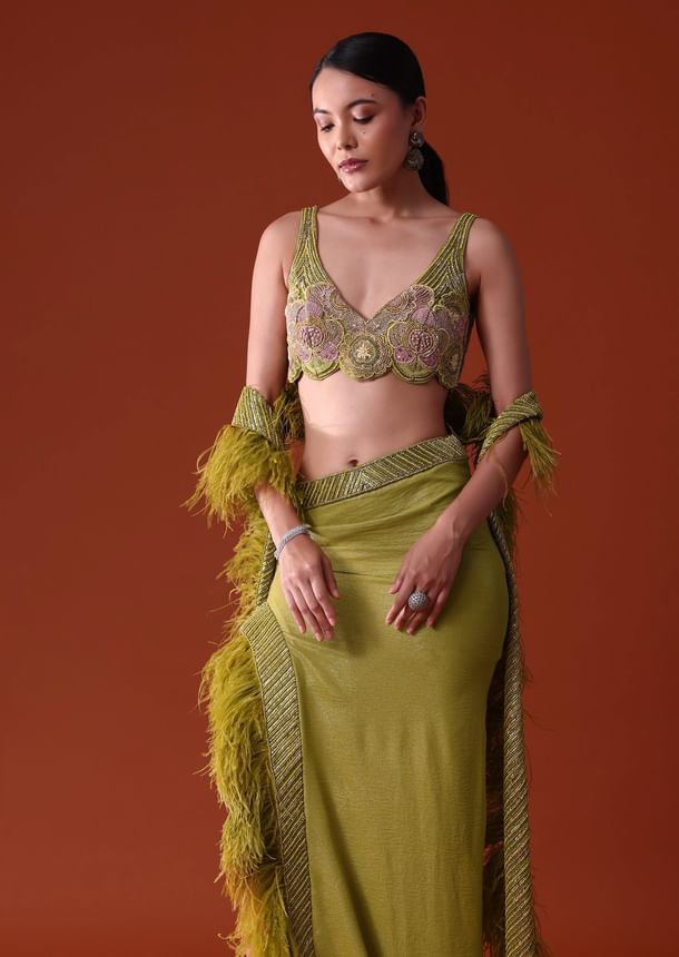 Citrus Green Feathered Dhoti Skirt And Blouse Set