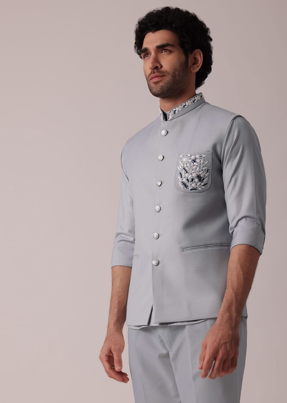 Stylish Grey Short Kurta With Embroidered Matching Bandi
