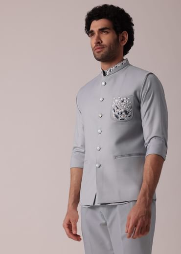Stylish Grey Short Kurta With Embroidered Matching Bandi