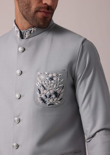 Stylish Grey Short Kurta With Embroidered Matching Bandi