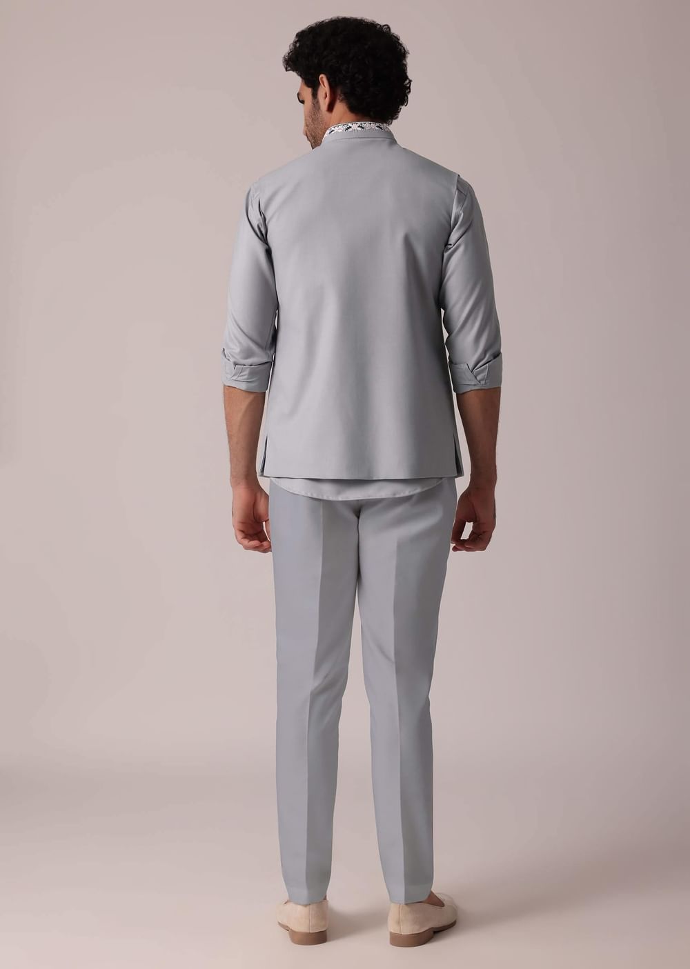 Stylish Grey Short Kurta With Embroidered Matching Bandi