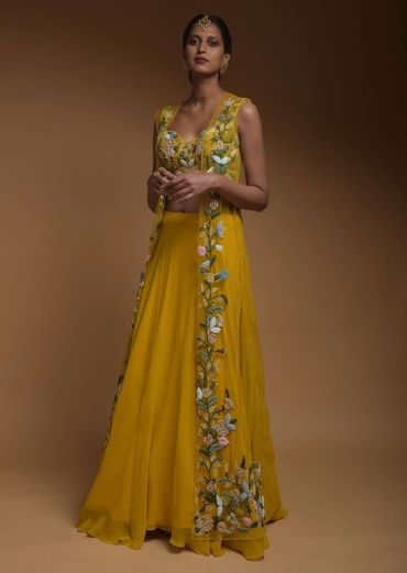 Sun Yellow Skirt, Crop Top And Jacket With 3D Flowers And Embossed Embroidery