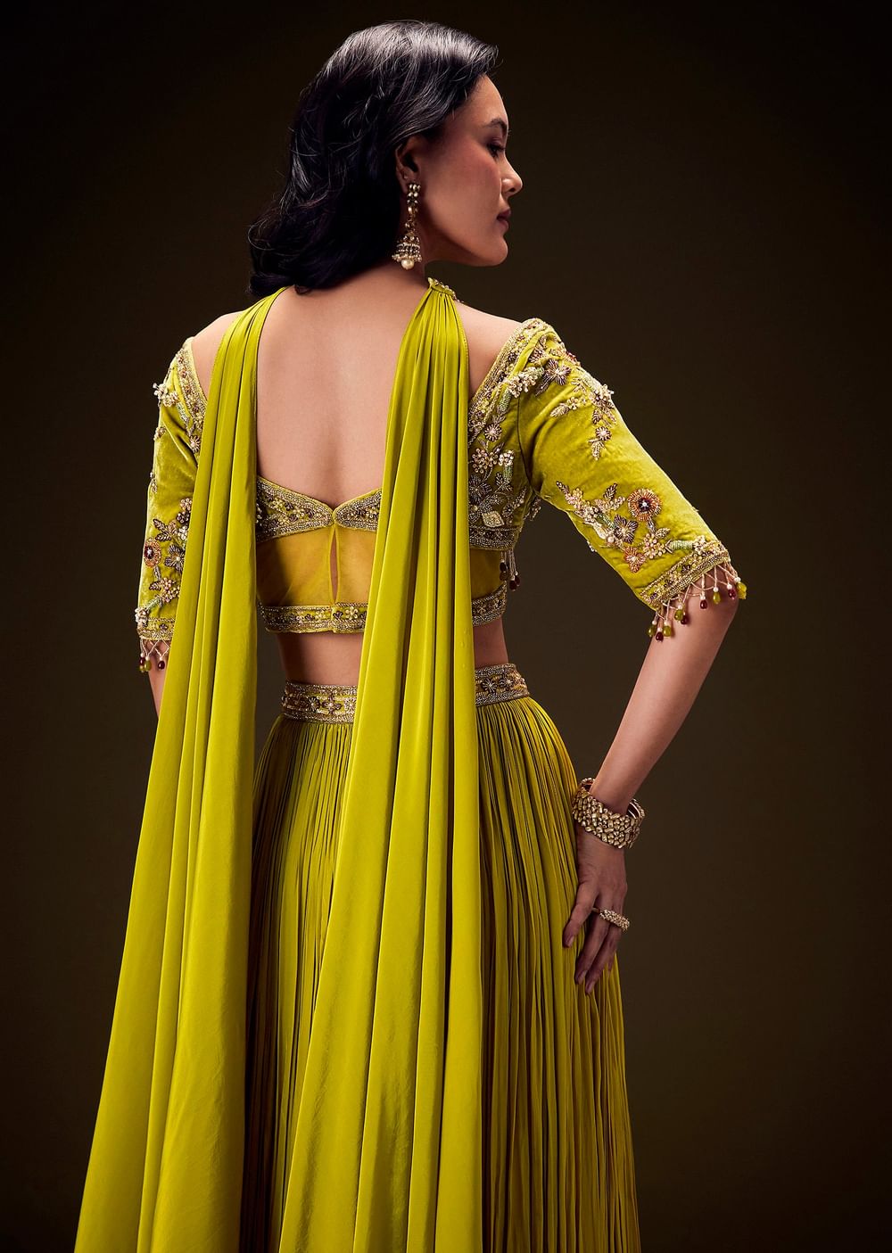 Sunshine Green Pleated Skirt With Hand Embroidered Belt And Choker Blouse