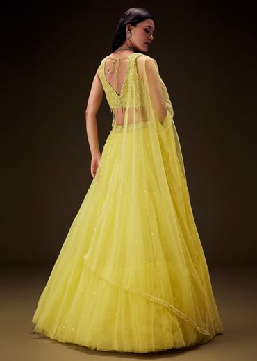 Sunshine Yellow Net Hand Embroided Pearl Work Lehenga Set