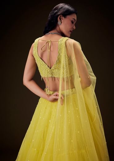 Sunshine Yellow Net Hand Embroided Pearl Work Lehenga Set