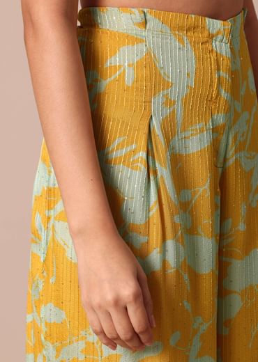 Sunshine Yellow Printed Palazzo and Jacket With Sky Blue Crop Top