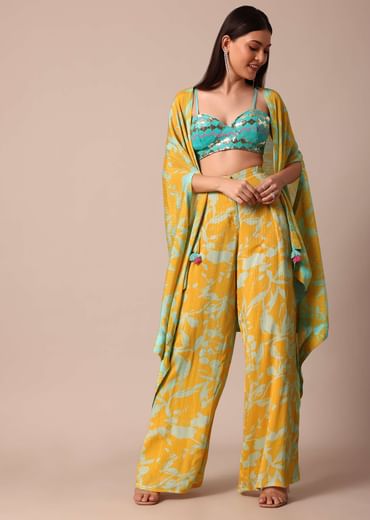 Sunshine Yellow Printed Palazzo and Jacket With Sky Blue Crop Top