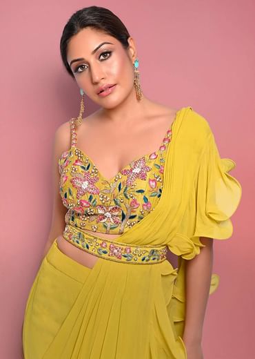 Surbhi Chandna In Kalki Citrus Ready Pleated Ruffle Saree With Multi-Color Floral Hand Embroidered Blouse