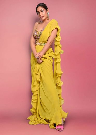 Surbhi Chandna In Kalki Citrus Ready Pleated Ruffle Saree With Multi-Color Floral Hand Embroidered Blouse