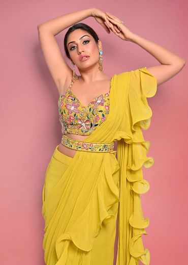 Surbhi Chandna In Kalki Citrus Ready Pleated Ruffle Saree With Multi-Color Floral Hand Embroidered Blouse