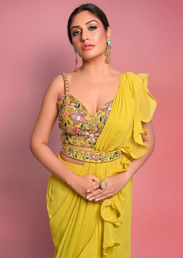Surbhi Chandna In Kalki Citrus Ready Pleated Ruffle Saree With Multi-Color Floral Hand Embroidered Blouse