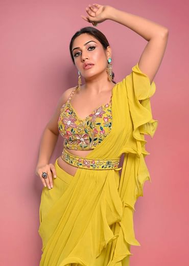 Surbhi Chandna In Kalki Citrus Ready Pleated Ruffle Saree With Multi-Color Floral Hand Embroidered Blouse