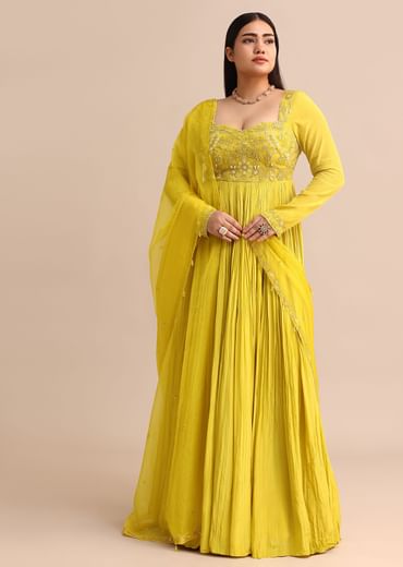 Sweetheart Neck Embroidered Crepe Yellow Anarkali Suit