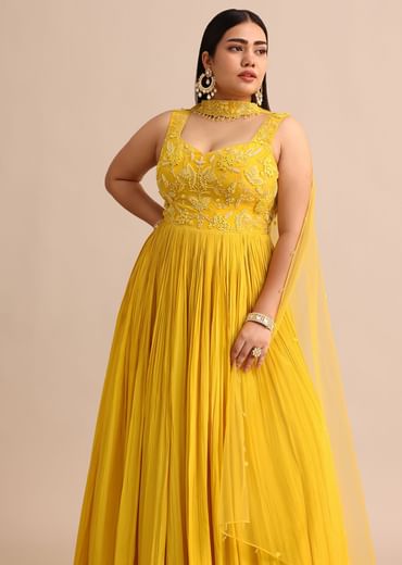 Sweetheart Neck Yellow Embroidered Anarkali Suit With Choker Dupatta