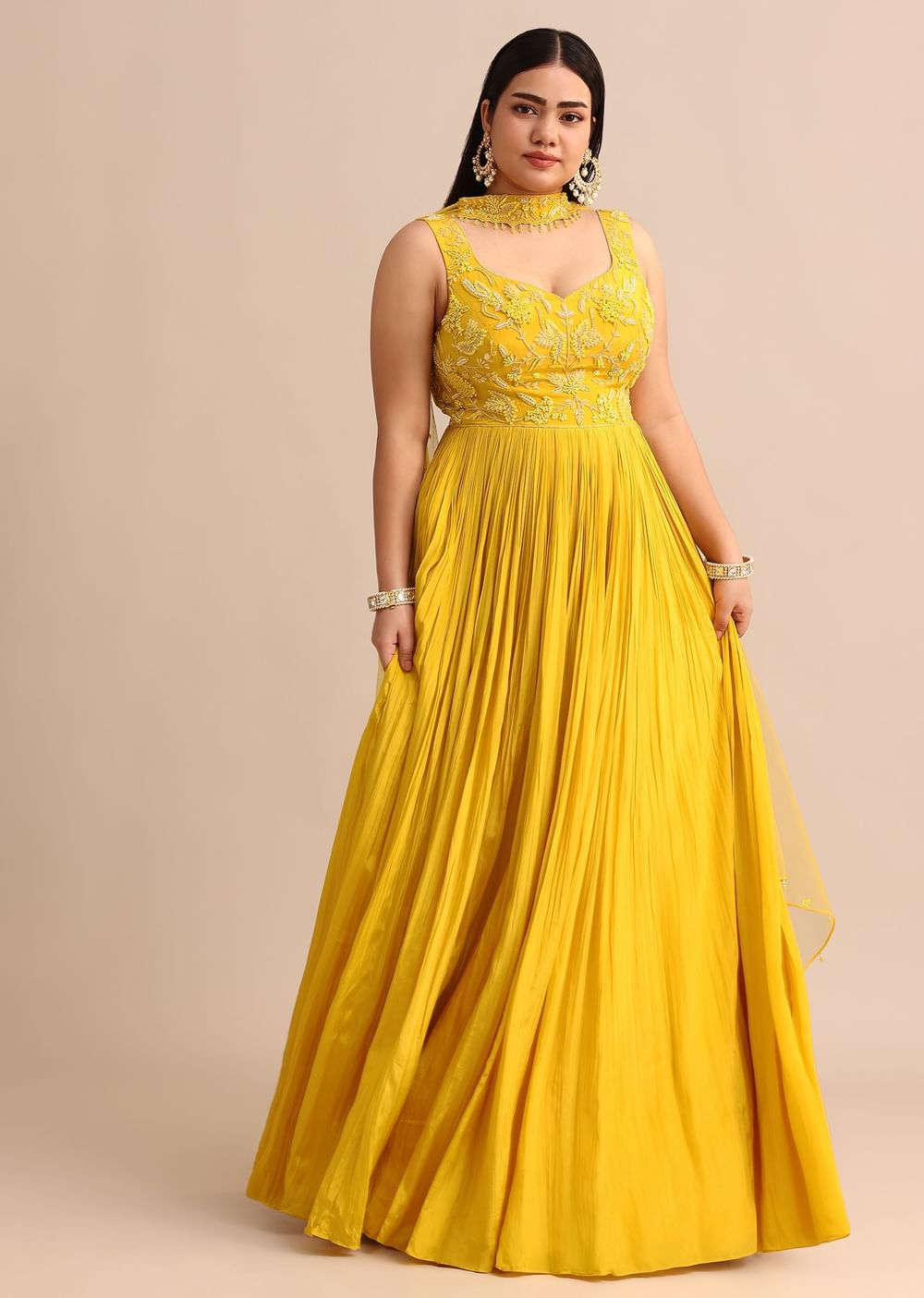 Sweetheart Neck Yellow Embroidered Anarkali Suit With Choker Dupatta