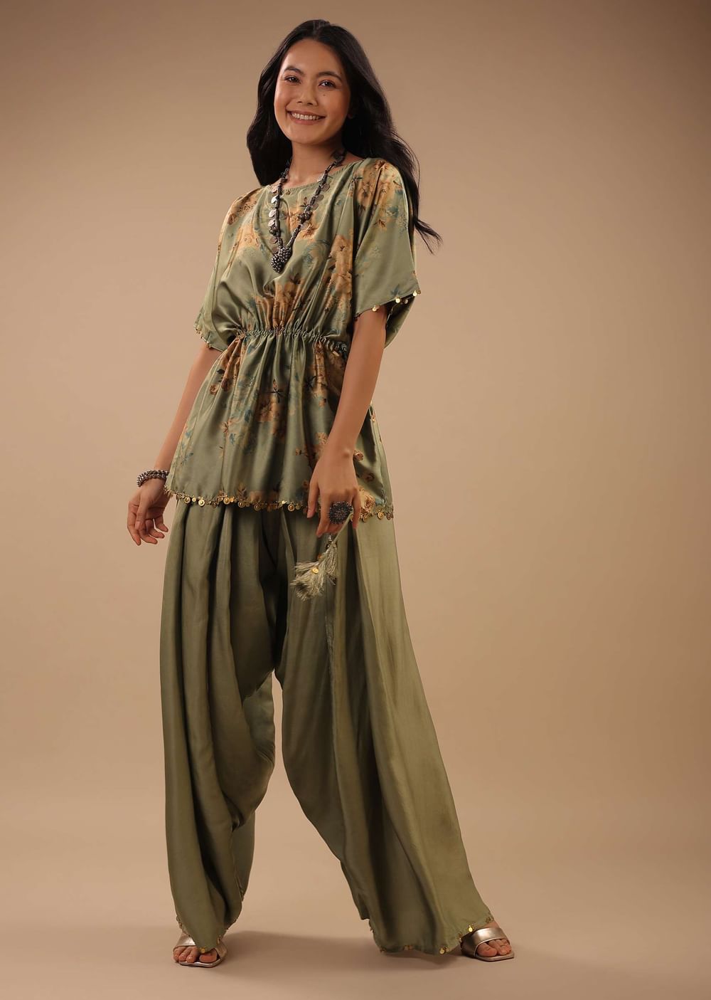 Tea Green Satin Peplum Top And Dhoti Pants With A Floral Print