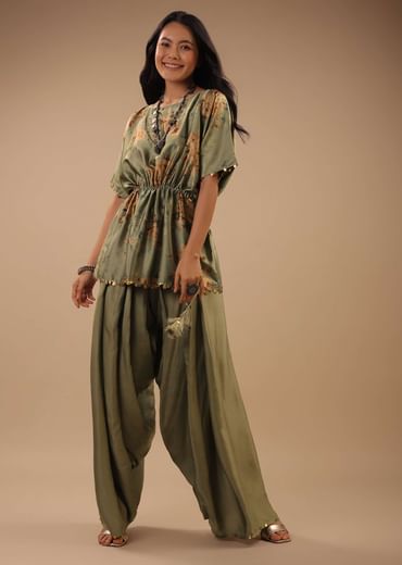 Tea Green Satin Peplum Top And Dhoti Pants With A Floral Print