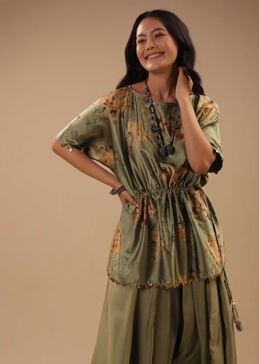 Tea Green Satin Peplum Top And Dhoti Pants With A Floral Print