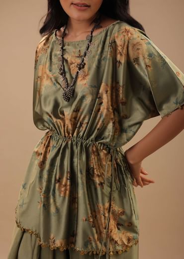 Tea Green Satin Peplum Top And Dhoti Pants With A Floral Print