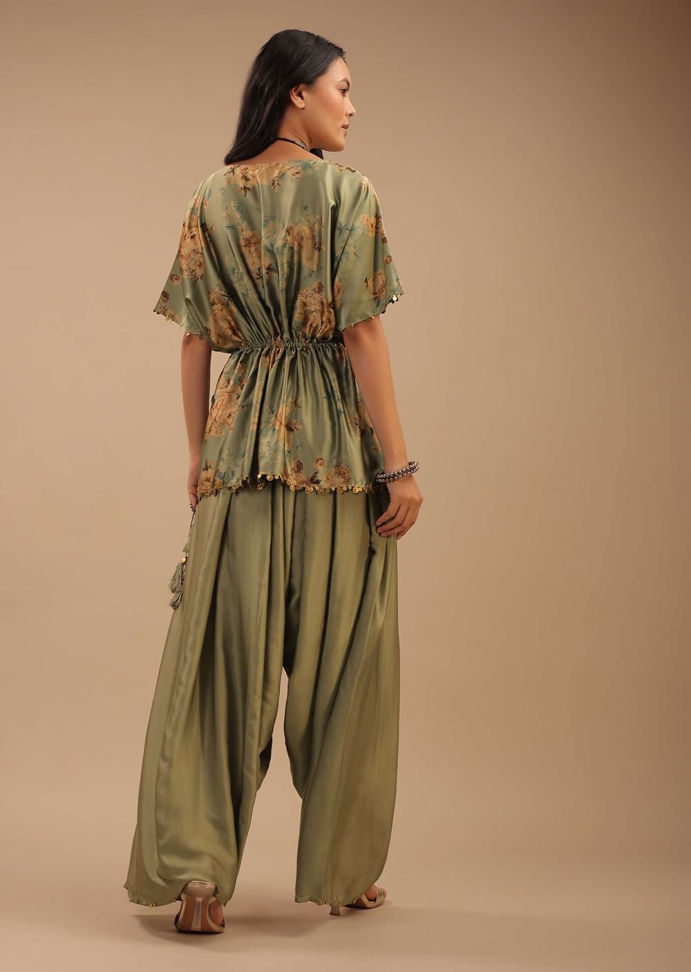 Tea Green Satin Peplum Top And Dhoti Pants With A Floral Print