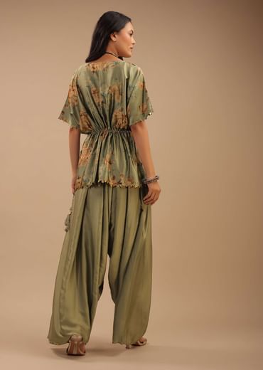 Tea Green Satin Peplum Top And Dhoti Pants With A Floral Print