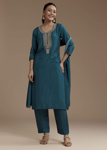 Teal Bandhani Print Silk Kurta Set with Zari Work